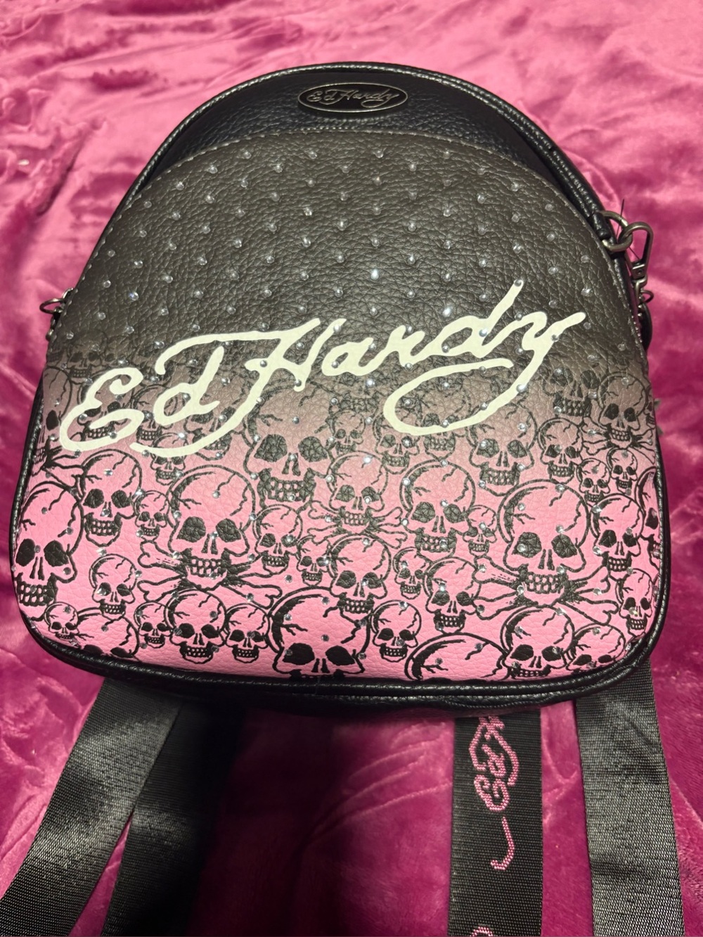 Ed Hardy Pink and Black Skull Logo Mini Backpack